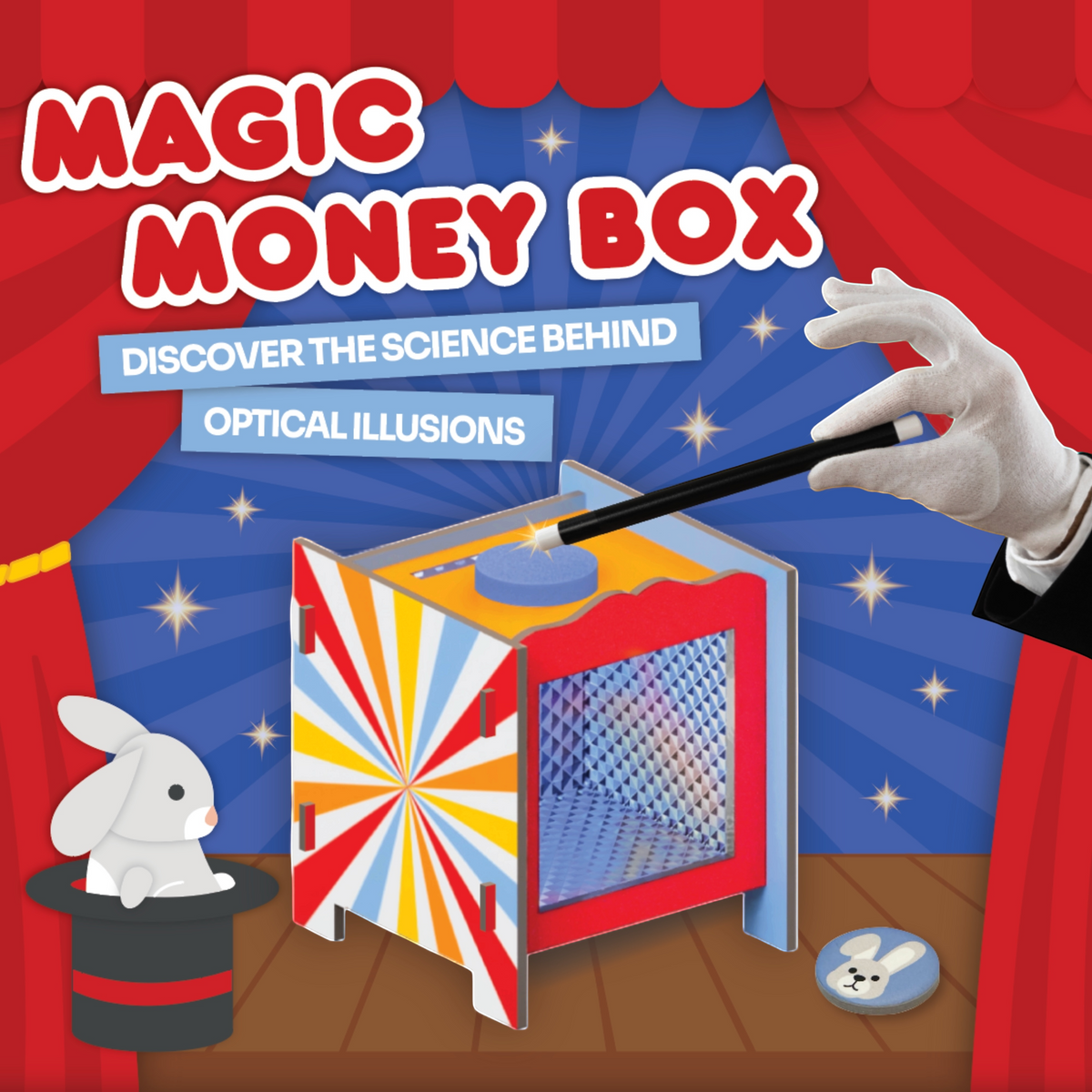 Magician's hand holding a wand over the Magic Money Box with a rabbit in a top hat