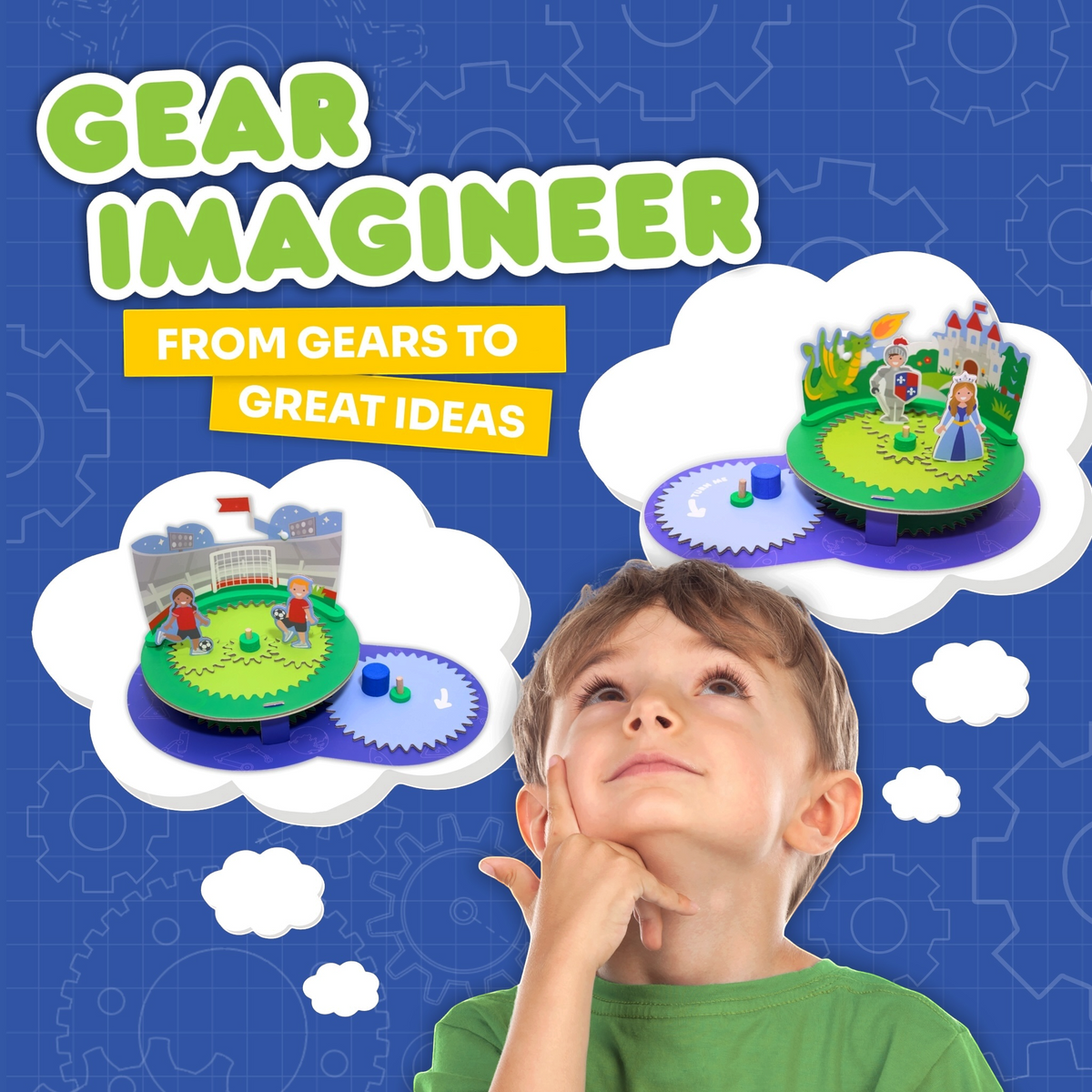 Boy daydreaming about Gear Imagineer, a gear-powered spinning machine kit, with thought bubbles showing a castle scene and a soccer stadium scene