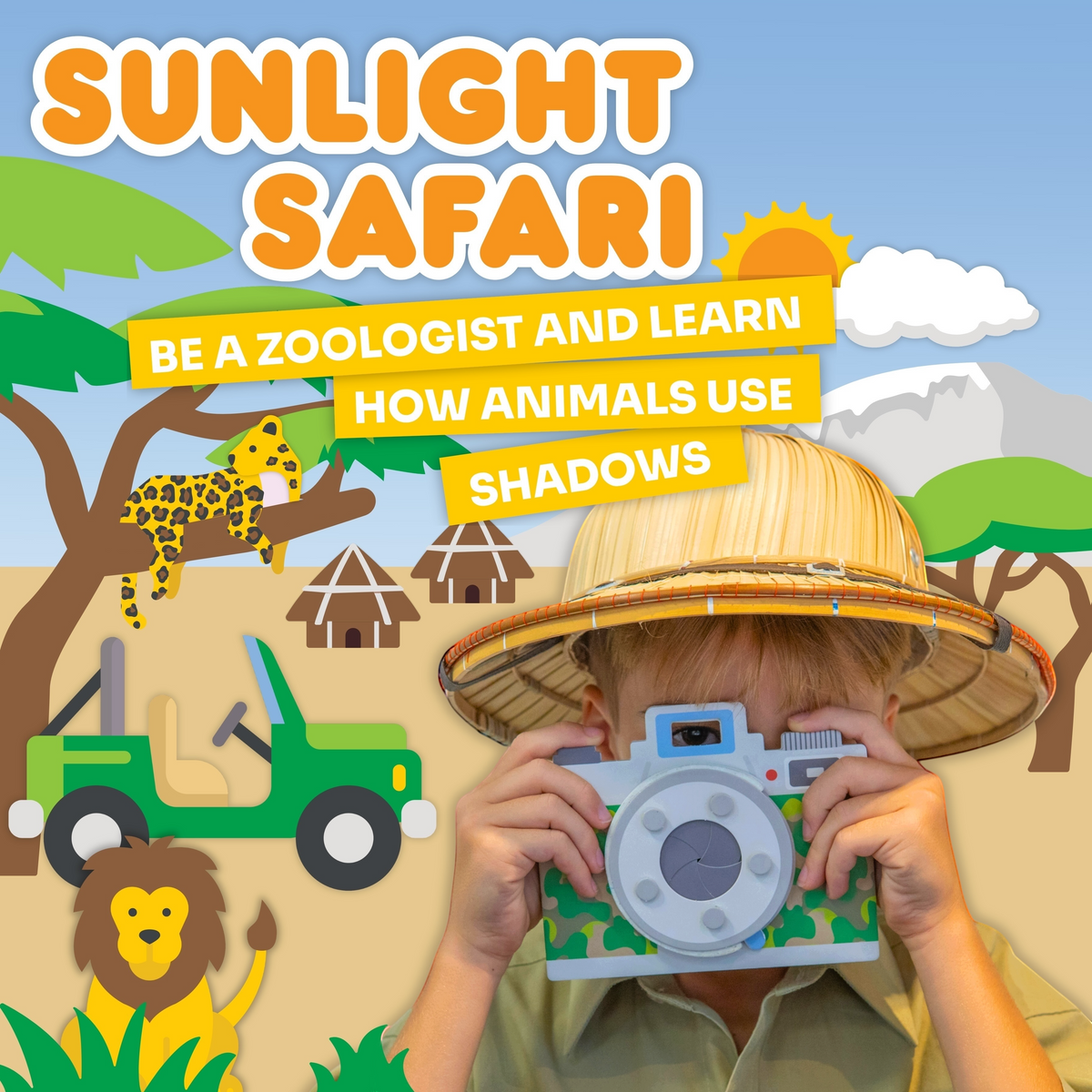 Child wearing a safari hat looking through the Sunlight Safari camera, with lion and jeep illustrations