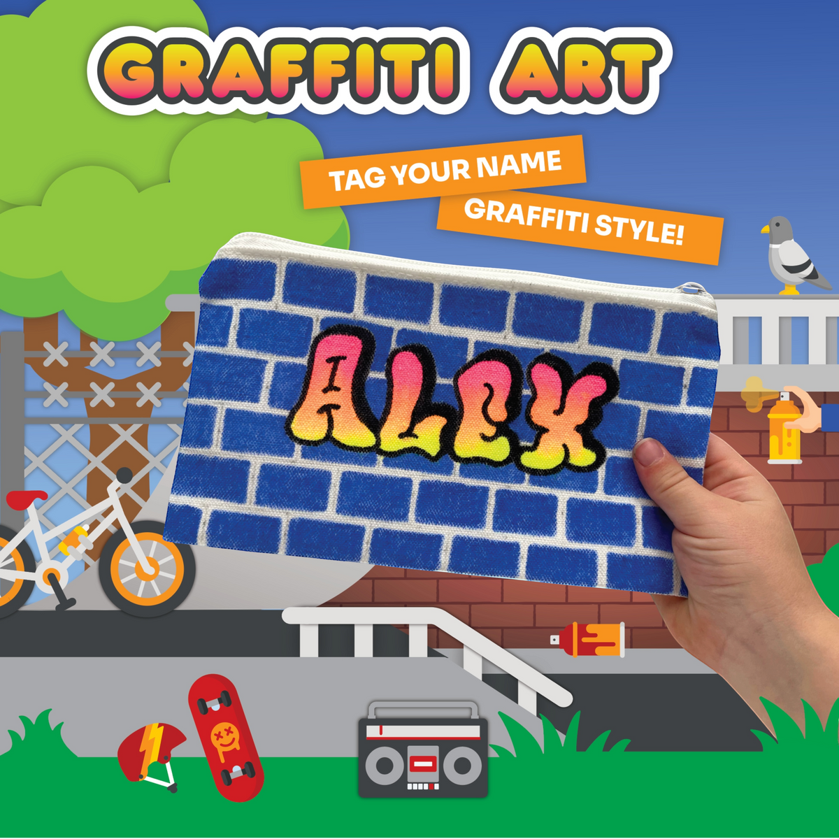Hand holding a Graffiti Art pencil case with the name ALEX in bubble graffiti lettering against a brick wall