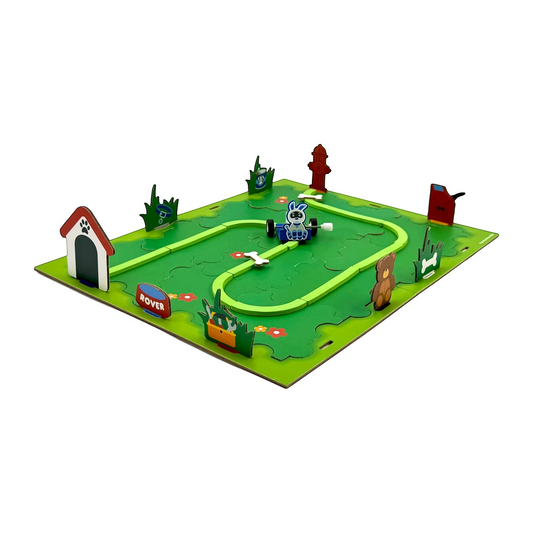 Assembled Robo Rover game board with kennel, fire hydrant, trees and robot dog figure