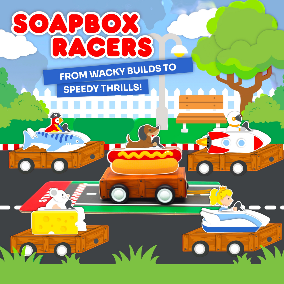 Illustrated Soapbox Racers characters — shark, hot dog, pirate dog and rocket — racing on a track
