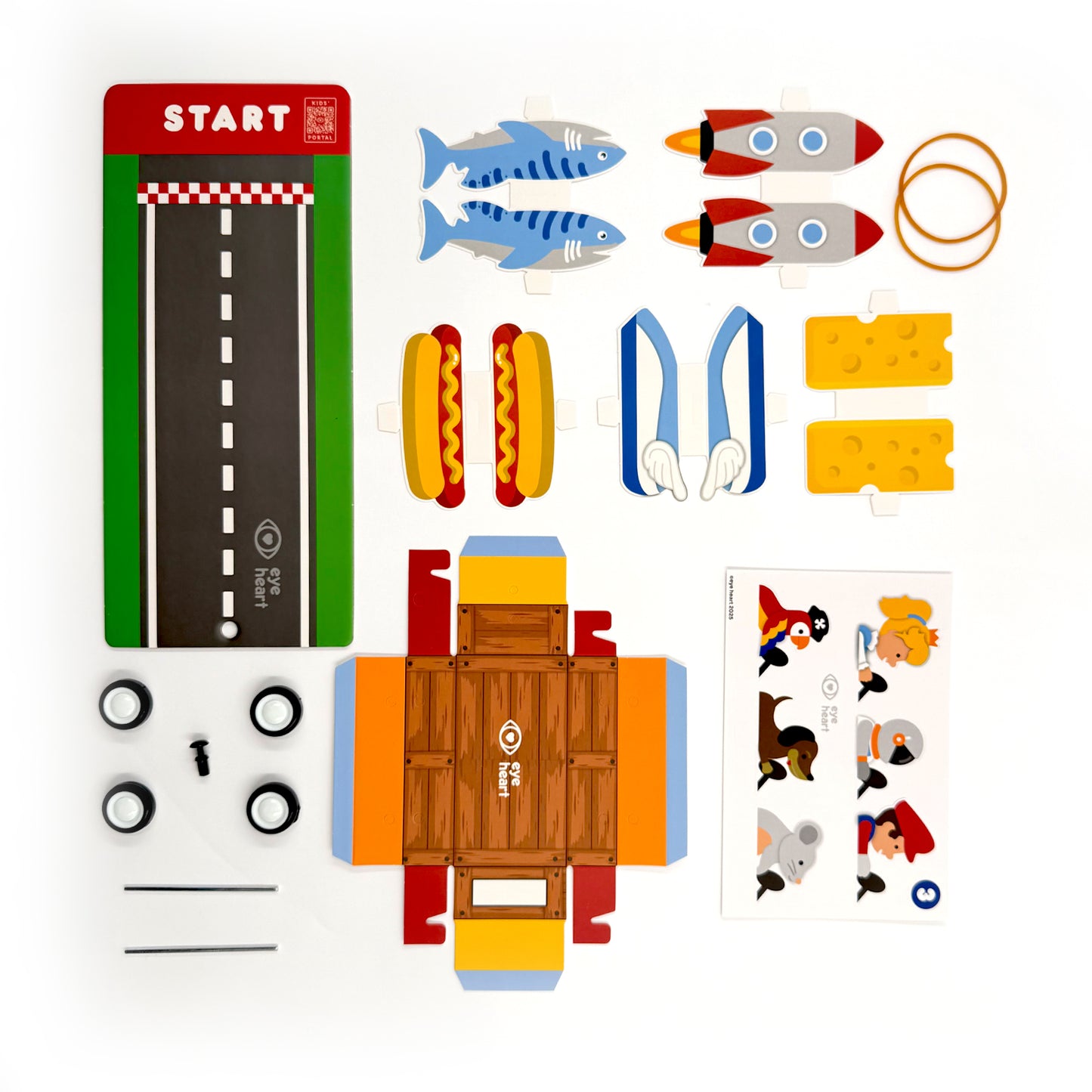 Assembled Soapbox Racers cardboard racer with hot dog driver on the launch track