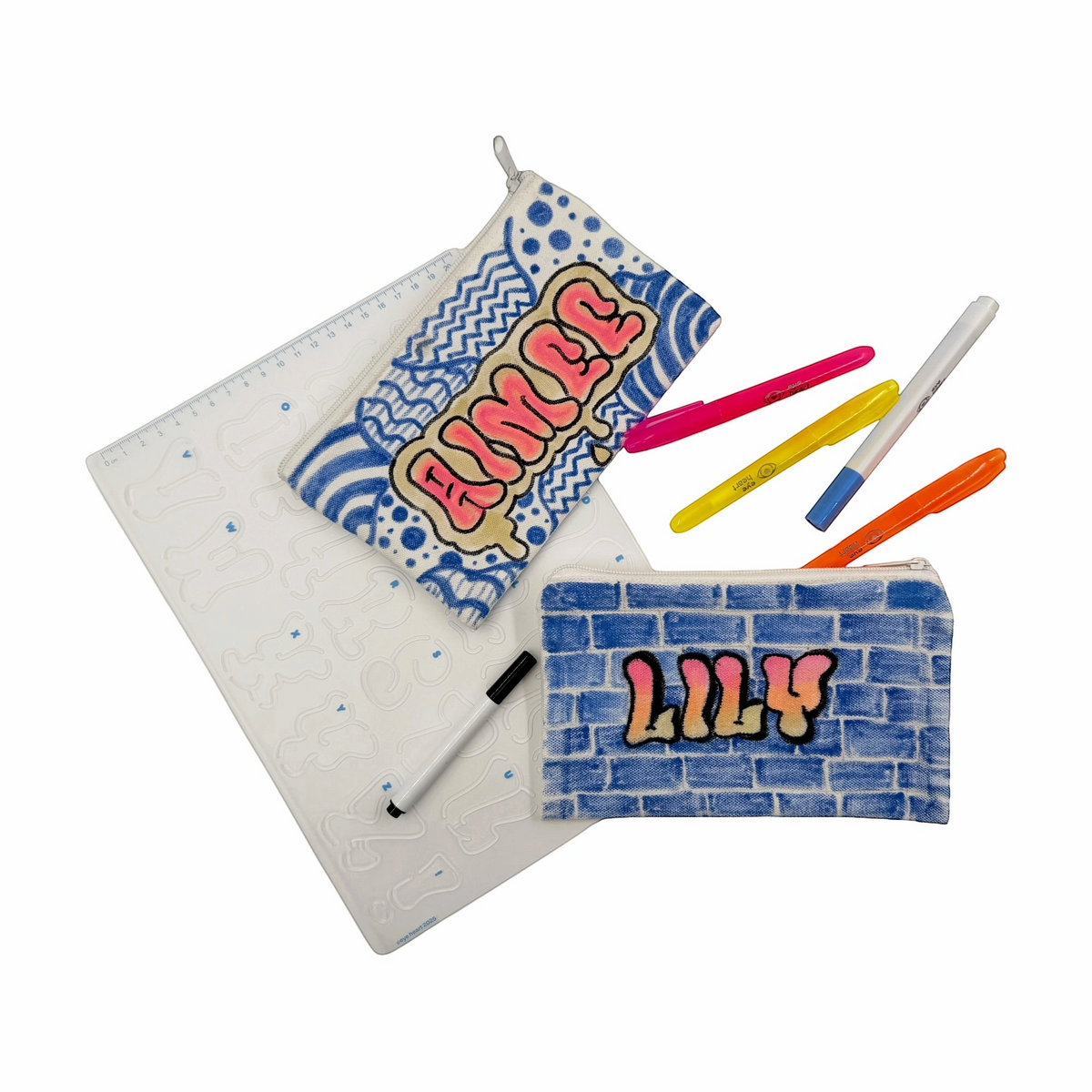 Graffiti Art stencil sheet, highlighter markers and permanent marker used for the blending technique