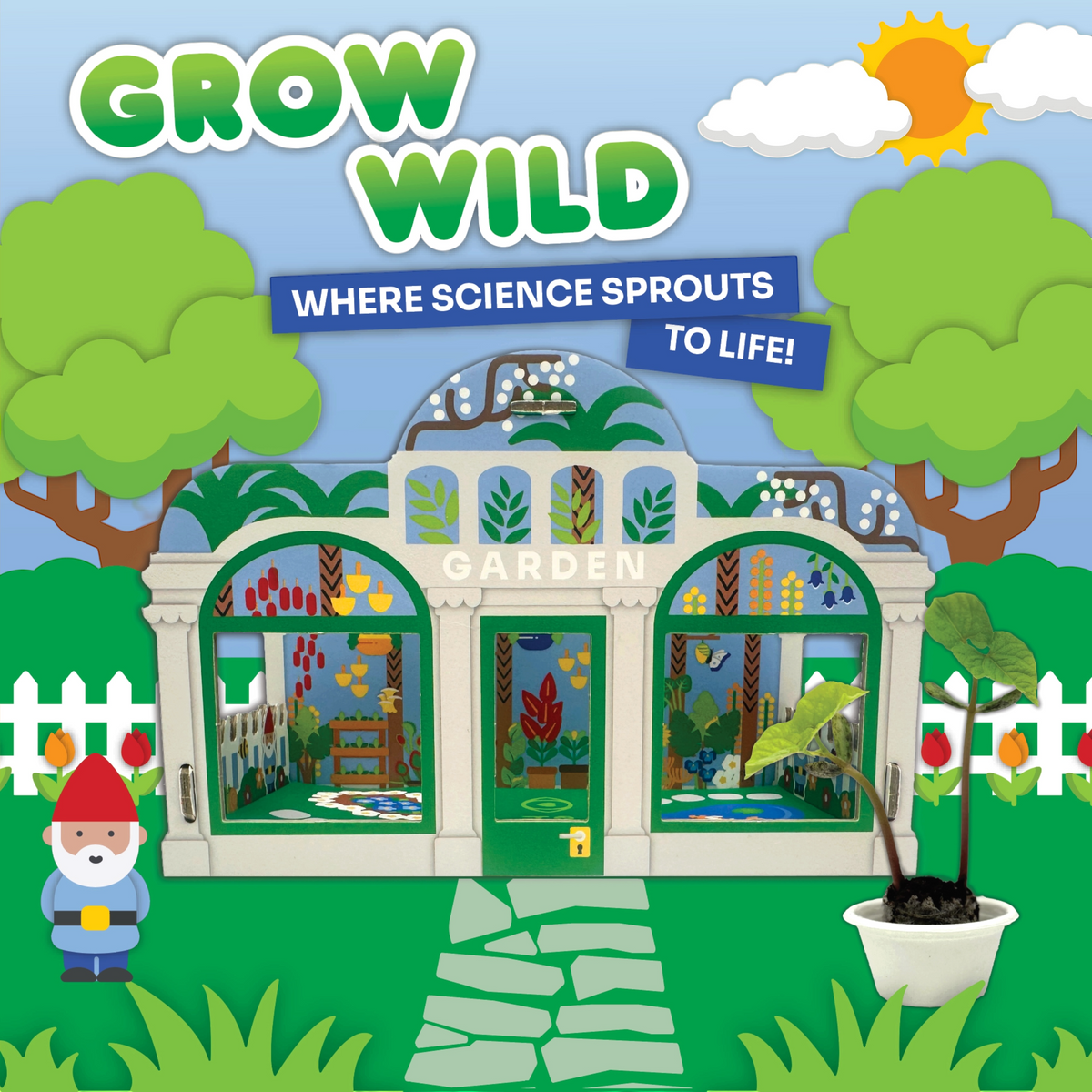 Illustrated Grow Wild greenhouse building with a garden gnome and plant pot