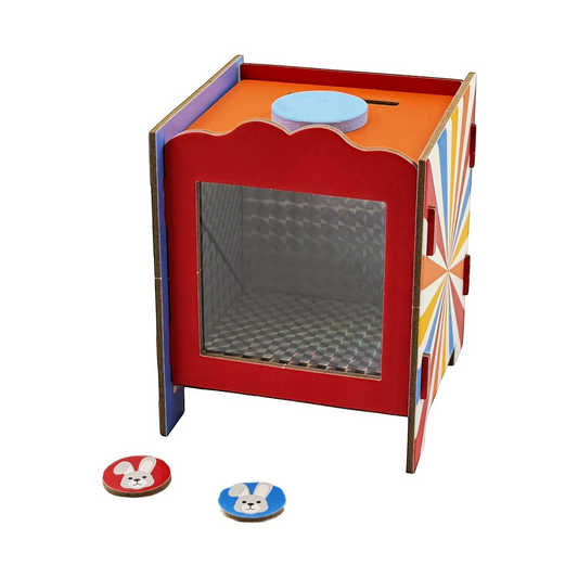 Magic Money Box instruction booklet shown with the assembled illusion box