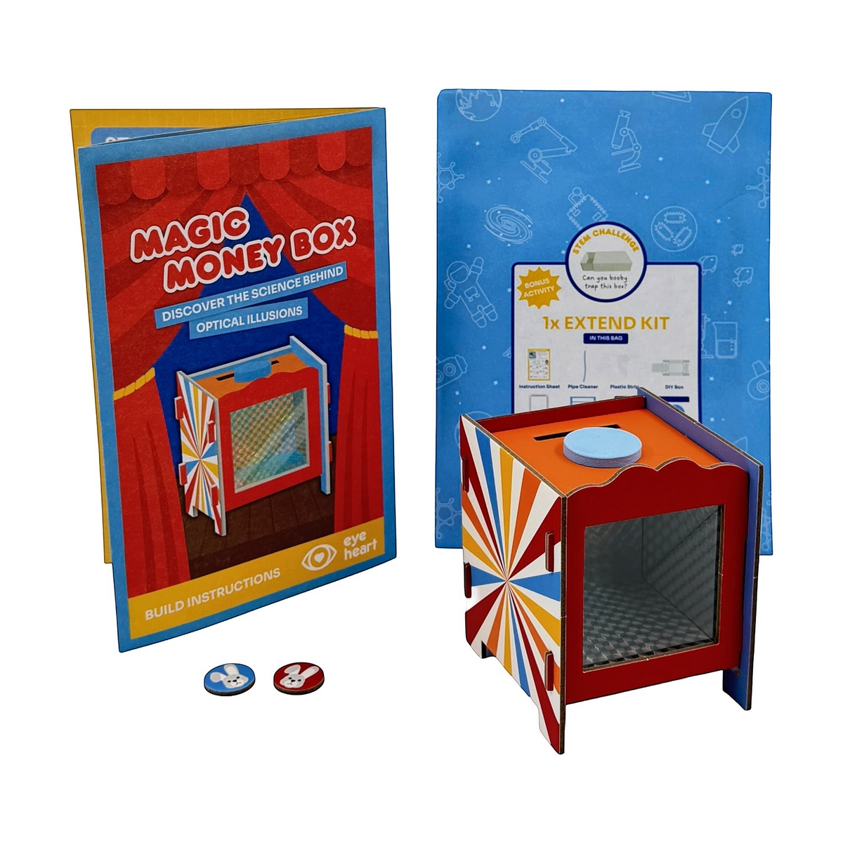 Magic Money Box kit components — box card pieces, mirror sheet and coin cut-outs