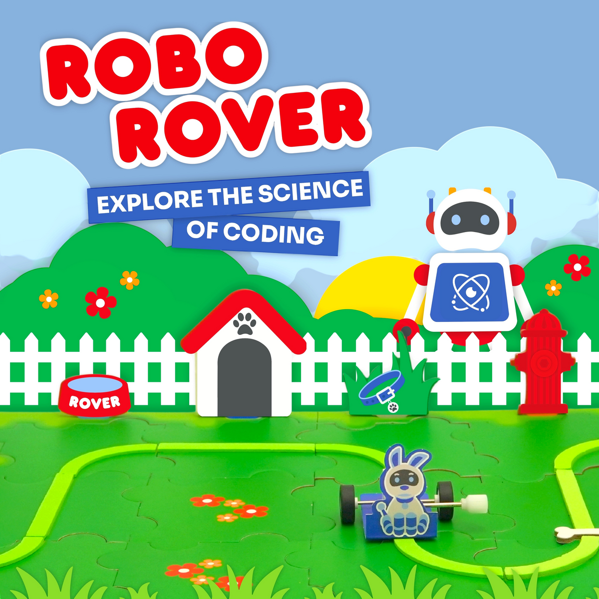 Illustrated Robo Rover robot dog character in a garden scene with kennel, fire hydrant and picket fence, with the built wind-up rover and bunny figure on its tiled path below