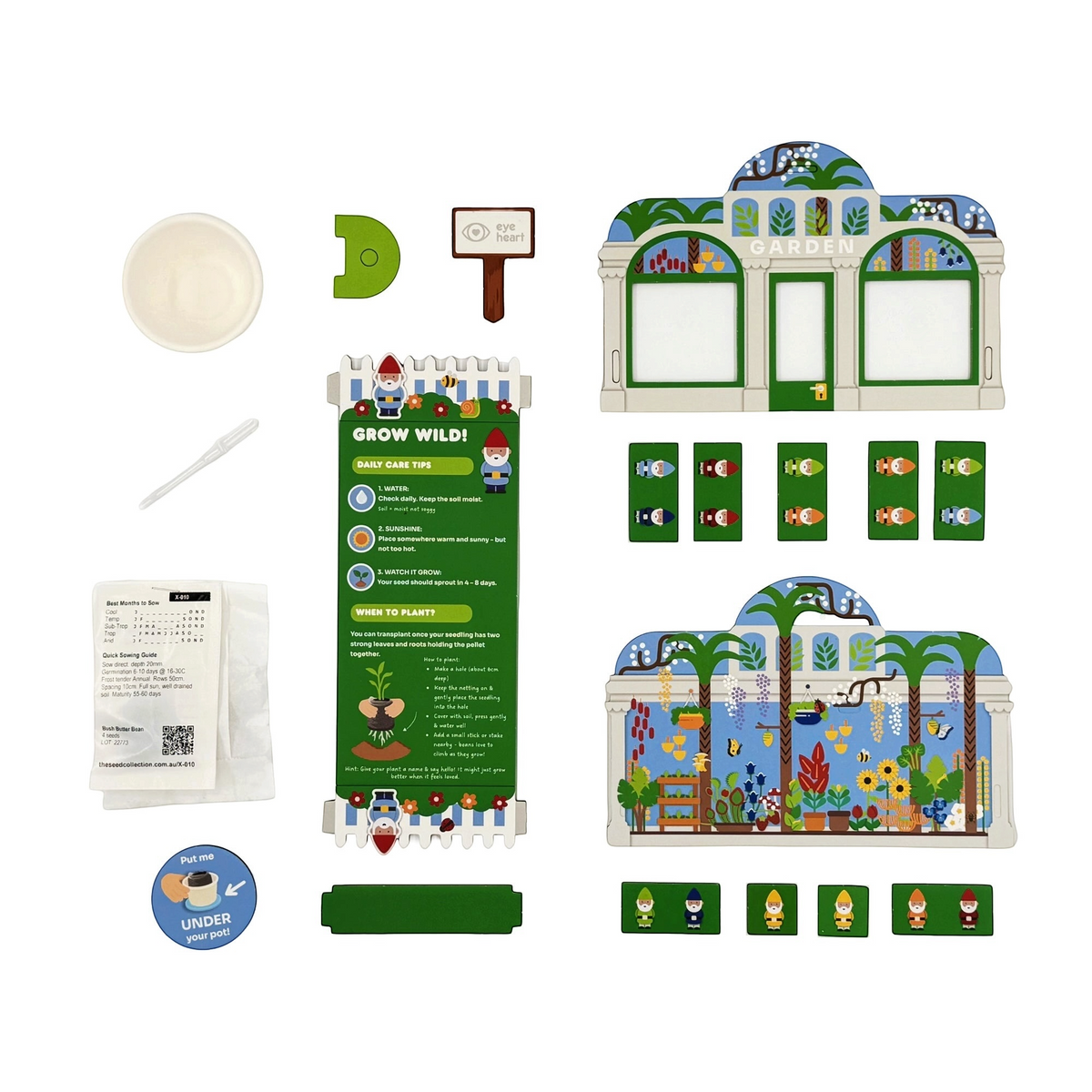 Grow Wild kit components — greenhouse card pieces, gnome puzzle tiles, seed pot and instruction booklet