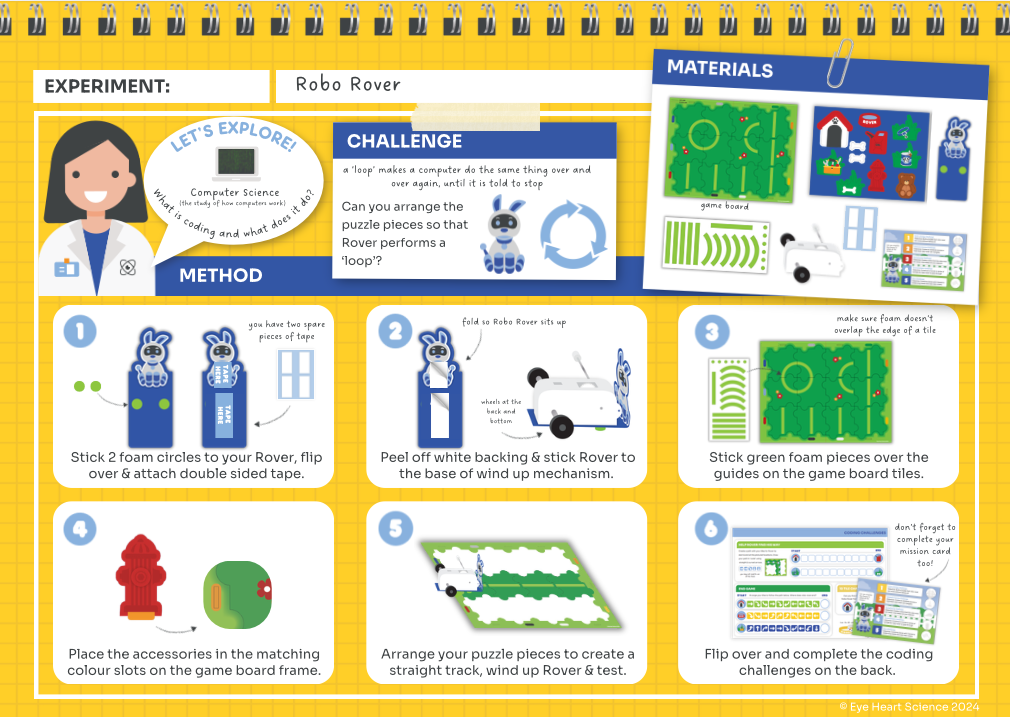 A colorful educational activity sheet titled 'Experiment: Robo Rover' with step-by-step instructions, materials list, and challenge box. The sheet features cartoon illustrations of Dr Wylie - a Scientist, a blue Rover toy, green foam pieces, and a yellow background.