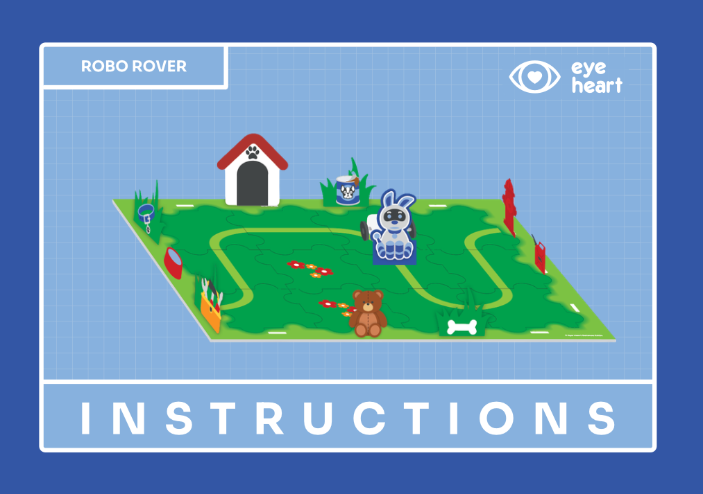 An instruction graphic for the Robo Rover toy, showing a stylized isometric game board with a green path, dog house, robot, and various toy pieces on a blue grid background with the text 'ROBO ROVER' and 'INSTRUCTIONS'.