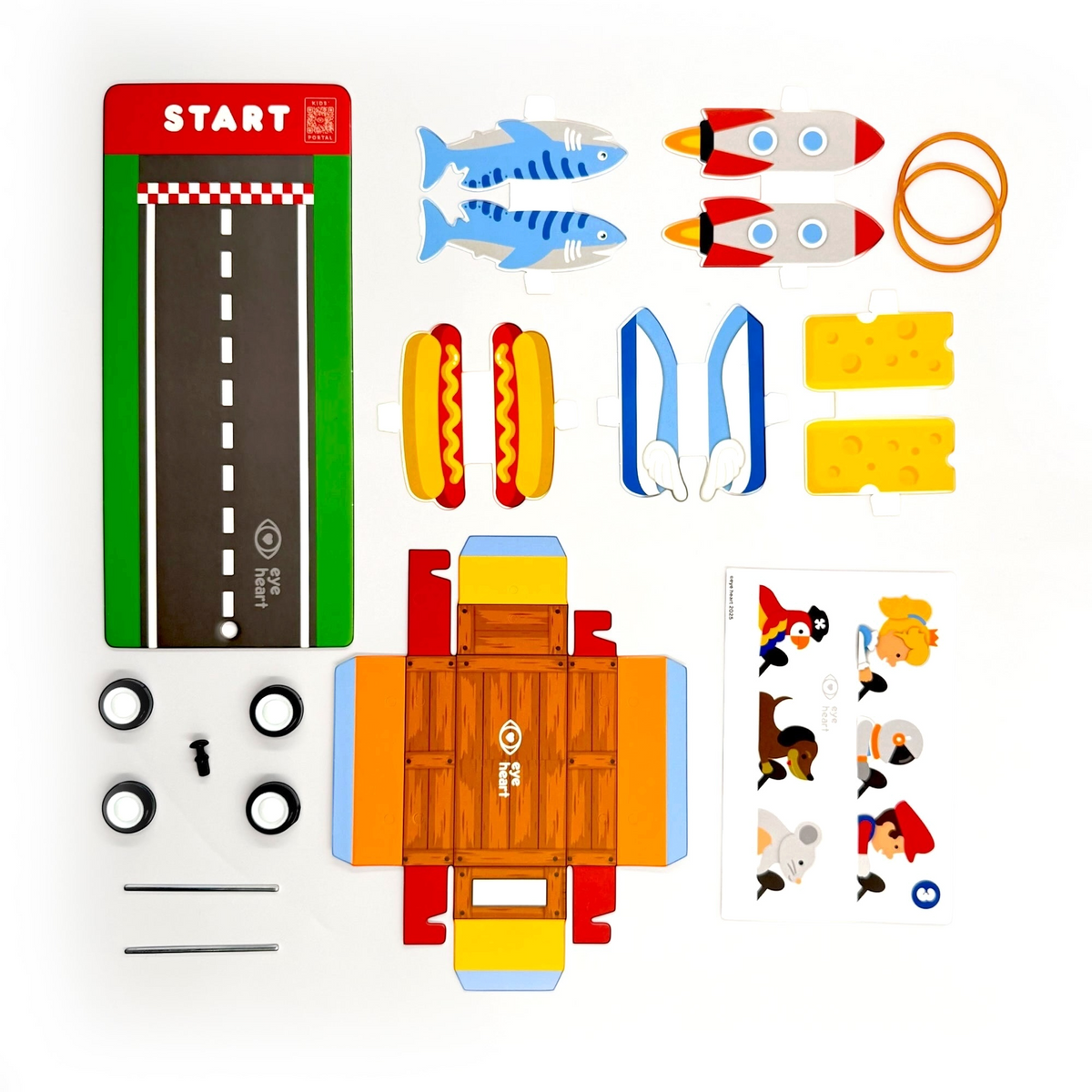 Assembled Soapbox Racers cardboard racer with hot dog driver on the launch track