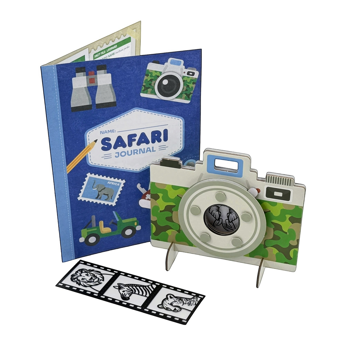 Sunlight Safari kit components — camera build pieces, cyanotype paper and acetate animal image sheet