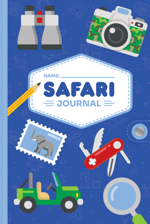 A children's safari-themed journal cover featuring illustrated icons including binoculars, a camera, a pencil, a stamp, a jeep, and a magnifying glass on a blue background, with the title 'SAFARI JOURNAL' in the center.