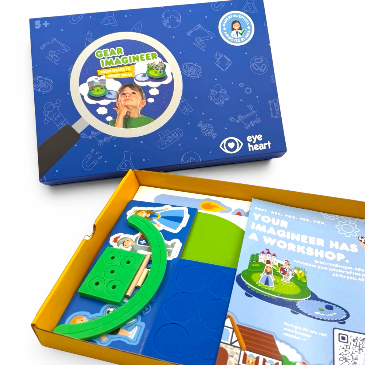 Eye Heart Gear Imagineer engineering kit with colourful interlocking gears, character cutouts, and guide.