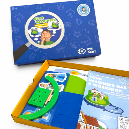 Eye Heart Gear Imagineer engineering kit with colourful interlocking gears, character cutouts, and guide.
