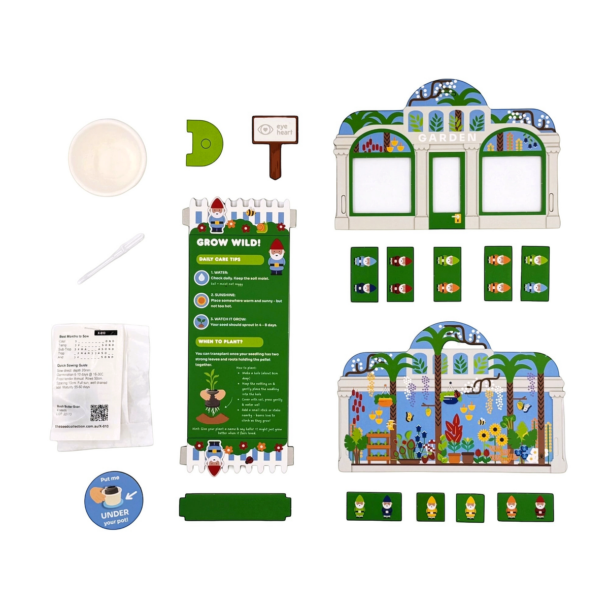 Eye Heart Grow Wild craft kit with cardboard greenhouse, gnome figures, seed packet, and planting accessories.