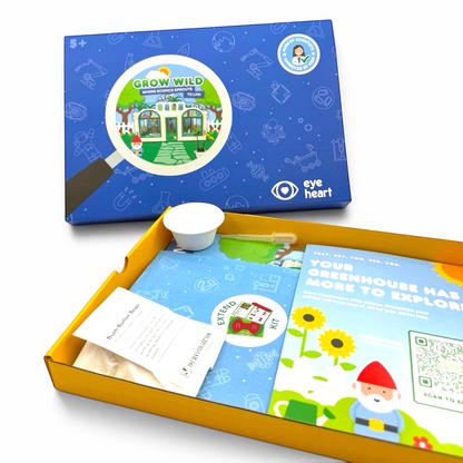 Eye Heart Grow Wild science kit with greenhouse box, butter bean seeds, and gnome puzzle for kids aged 5-12.
